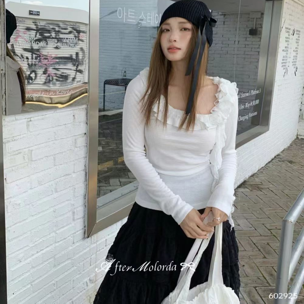 ANGE褶皱荷叶边甜美混搭t