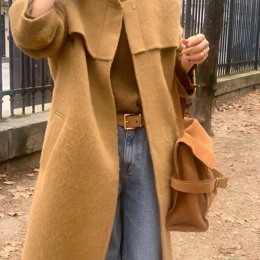 OBJET羊驼毛长绒束腰气质大衣