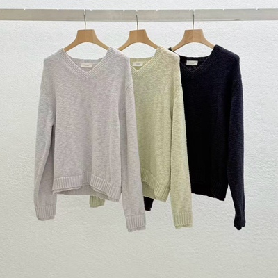 STATEMENT纯棉线织水波纹V领针织