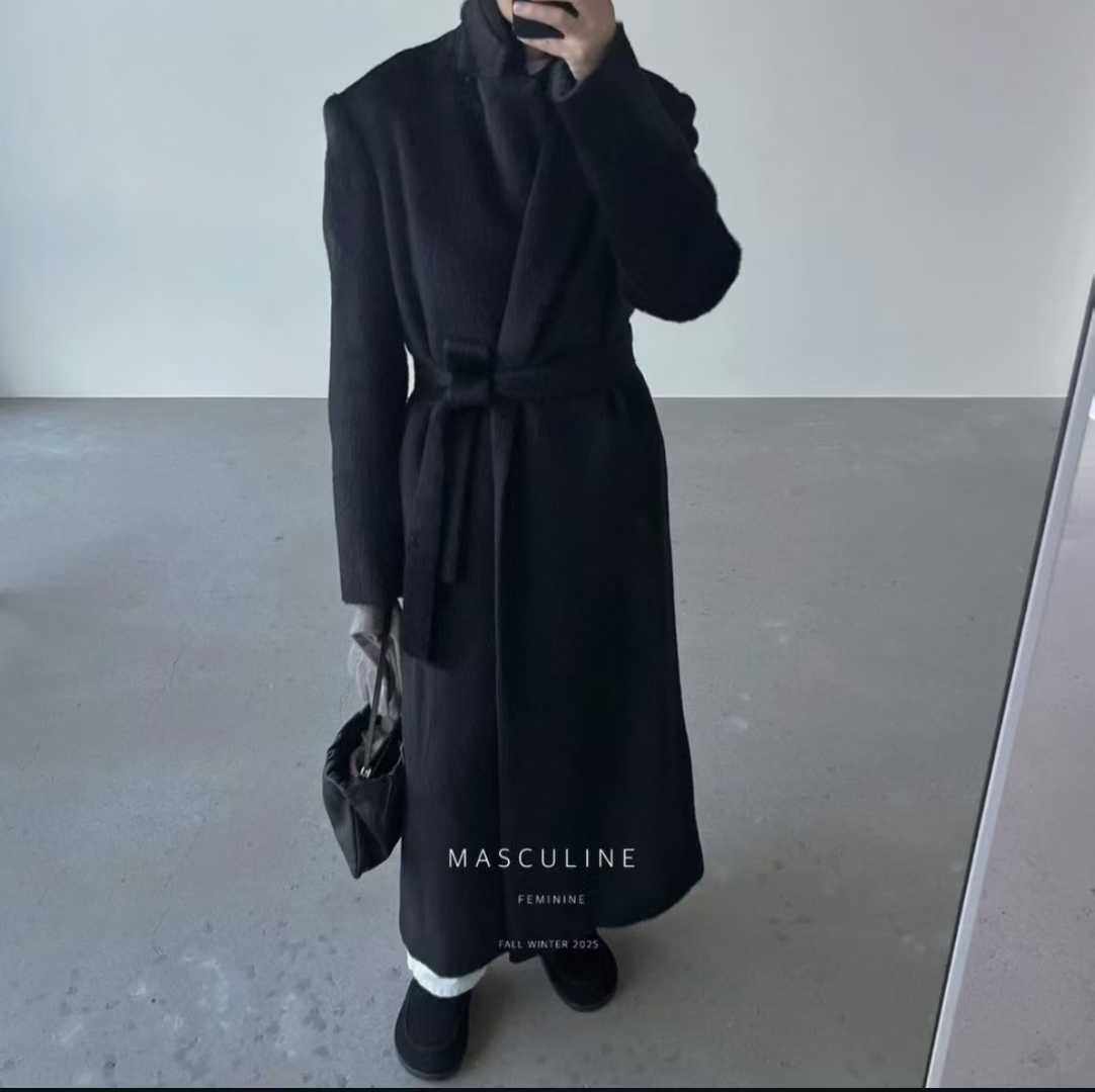 闪闪家 韩国东大门代购MASCULINE黑色净版苏丽羊驼毛大衣