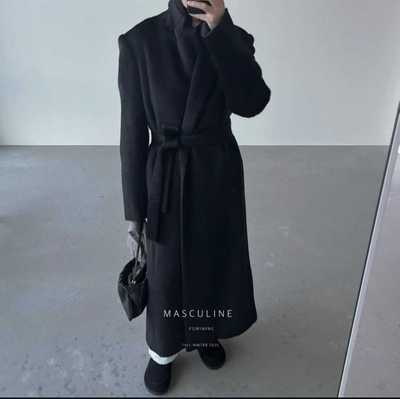 闪闪家 韩国东大门代购MASCULINE黑色净版苏丽羊驼毛大衣