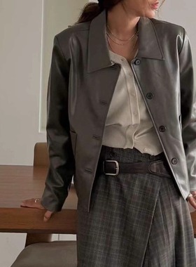 闪闪家 韩国东大门代购FLAUNT人造革柔软系扣PU皮夹克