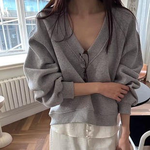 闪闪家 BOWIE低V领叠搭加绒休闲卫衣 韩国东大门代购