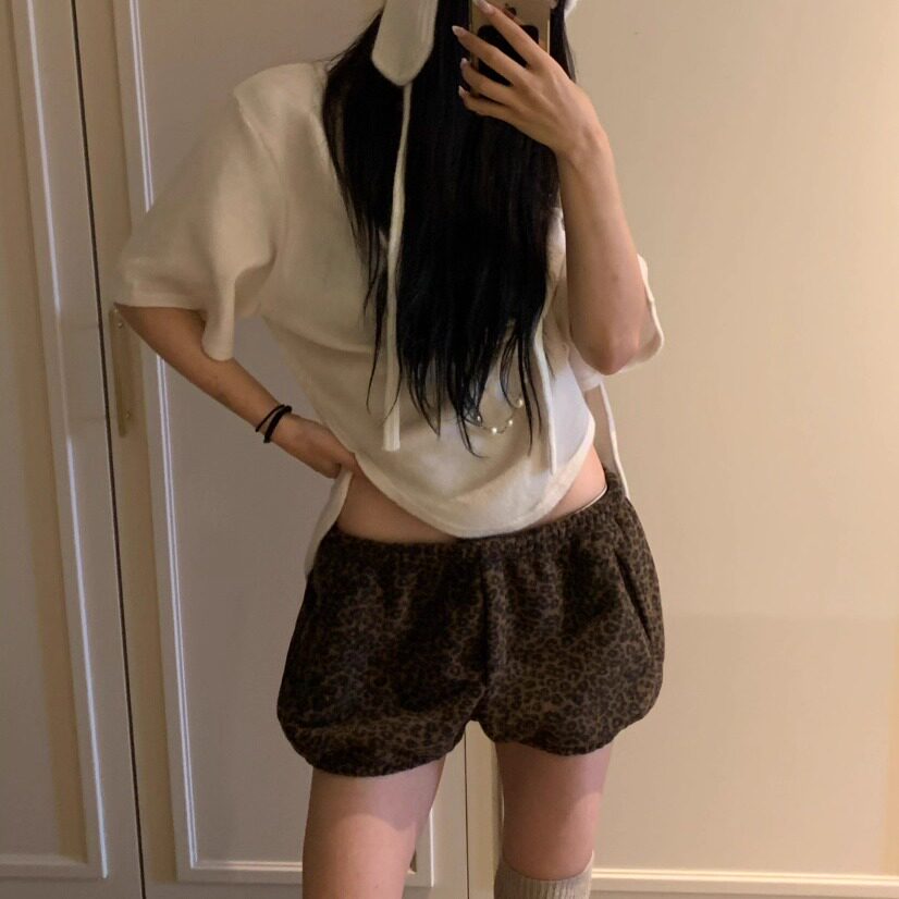 VIRKIN豹纹印花毛绒泡泡短裤