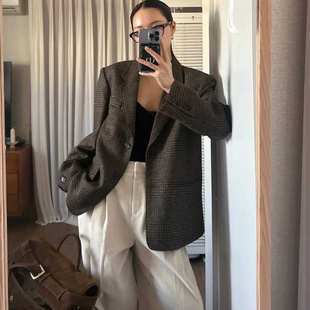 打折 闪闪家 韩国东大门代购MORE THAN YESTERDAY毛呢格纹西装