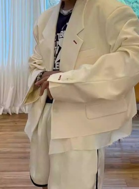 闪闪家 韩国东大门代购FLAUNT纱织拼接下摆短裤洋气宽松西装