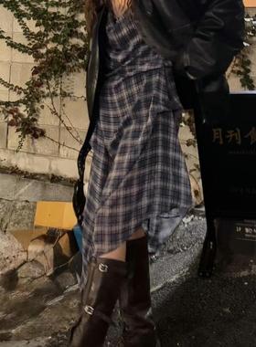 闪闪家 韩国东大门代购FLAUNT秋冬时髦不规则叠搭格纹连衣裙