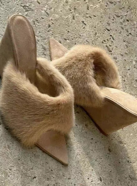 羊皮版～欧美风尖头毛毛高跟鞋女新款气质细跟百搭外穿一字半拖鞋