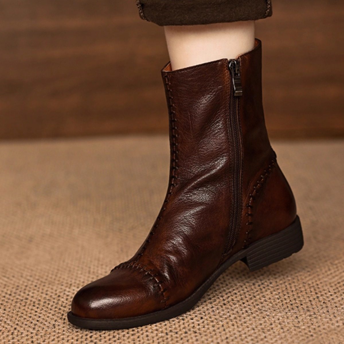 牛皮版~英伦复古短靴女秋冬低跟粗跟软皮手工缝线加绒百搭马丁靴,女鞋,时装靴,淘宝优惠券,粉丝福利购,淘宝优惠卷