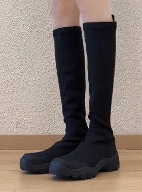 羊皮版~6cm小个子厚底弹力瘦瘦靴女简约时尚绒面黑色长筒骑士靴