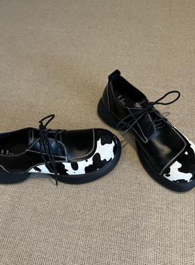 牛皮版~2025马毛小众设计感奶牛拼色系带乐福鞋厚底时尚小皮鞋女