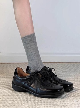 羊皮版~复古方头文艺系带德训鞋芭蕾风黑色舒适百搭小皮鞋女单鞋