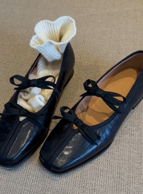 羊皮版~2025新款芭蕾风黑色玛丽珍皮鞋方头浅口低跟单鞋女晚晚鞋