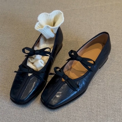 羊皮版~2025新款芭蕾风黑色玛丽珍皮鞋方头浅口低跟单鞋女晚晚鞋