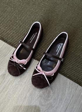 羊皮版~仙女风圆头蝴蝶结单鞋女2025新款平底芭蕾一字带玛丽珍鞋