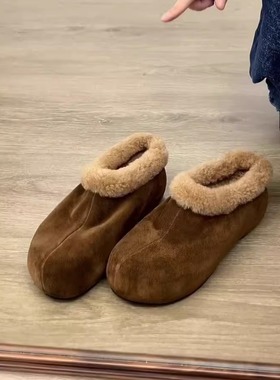 羊皮版~复古厚底毛毛拖鞋女外穿加绒保暖勃肯鞋百搭一脚蹬棉拖鞋