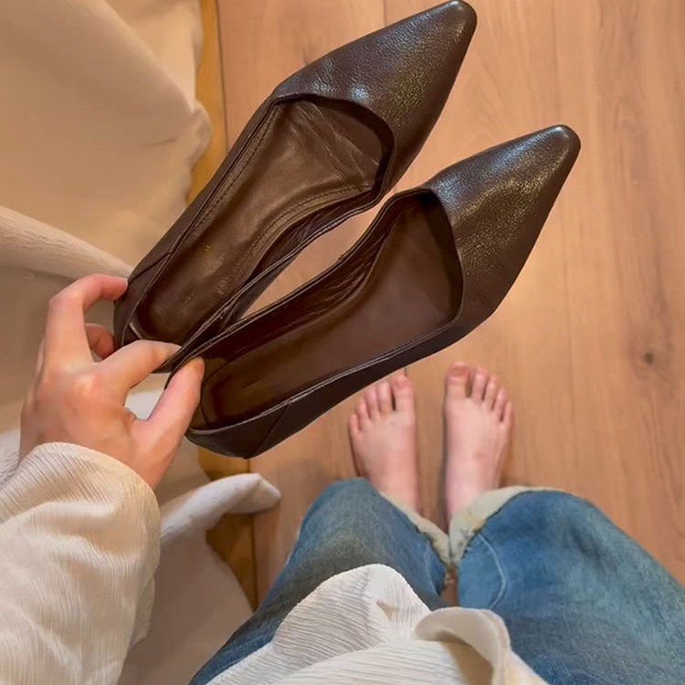 羊皮版~复古舒适浅口一脚蹬玛丽珍鞋女低跟尖头侧空透气浅口单鞋