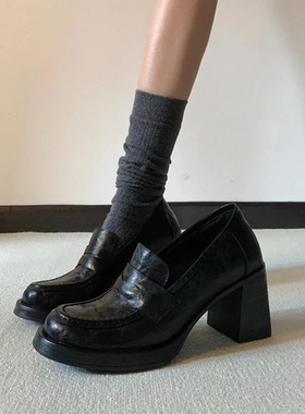 羊皮版~英伦风高跟乐福鞋女复古百搭小皮鞋黑色简约一脚蹬通勤鞋