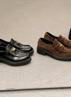 牛皮版~厚底老钱风金币乐福鞋麂皮棕色小皮鞋女2025秋一脚蹬单鞋