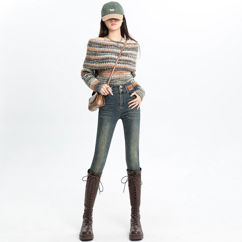 【今茵】加绒小脚裤2025秋冬新款设计感显瘦排扣牛仔裤加厚铅笔裤