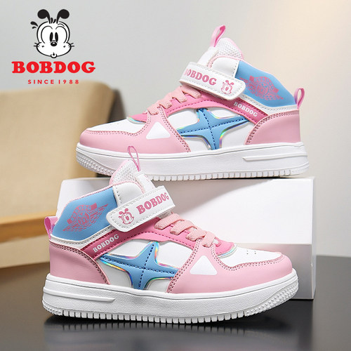 巴布豆男童运动鞋秋冬季新款防水皮面高帮女童软底儿童鞋子