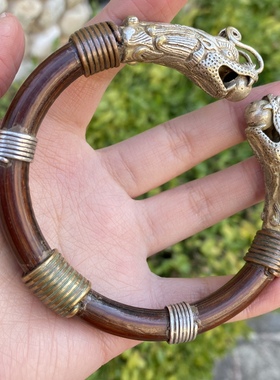 古玩收藏龙头手镯双龙戏珠手镯 鸡血藤特色手镯 个性手镯