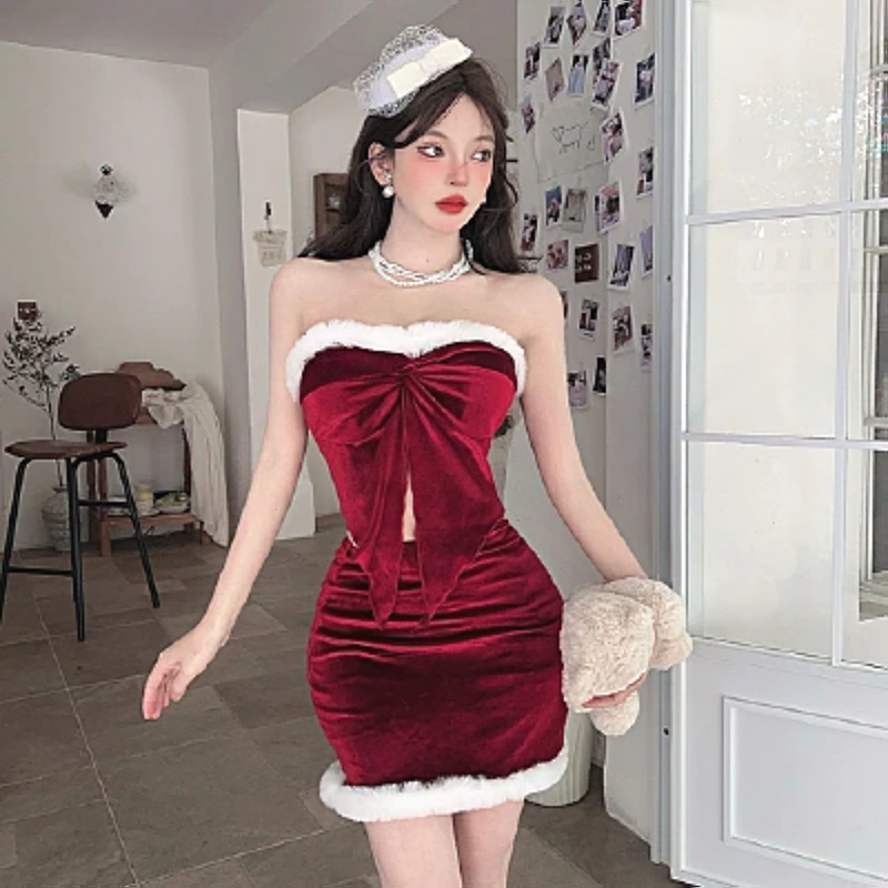 秋冬新款小众性感辣妹套装女时髦精丝绒抹胸上衣包臀半身裙两件套