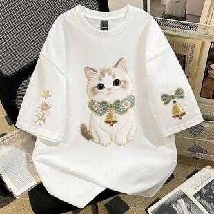 仿刺绣可爱风铃铛小猫印花短袖T恤圆领夏季宽松休闲男女上衣