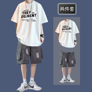 纯棉短袖T恤男夏季休闲套装青少年宽松搭配牛仔短裤帅气两件套男