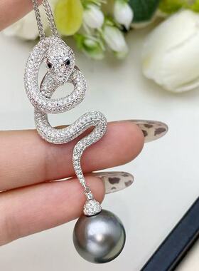 DIY珍珠配件 S925 纯银吊坠空托 灵蛇时尚项链坠 配10-15mm圆巴珠