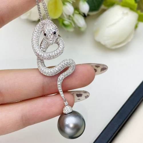 DIY珍珠配件 S925 纯银吊坠空托 灵蛇时尚项链坠 配10-15mm圆巴珠