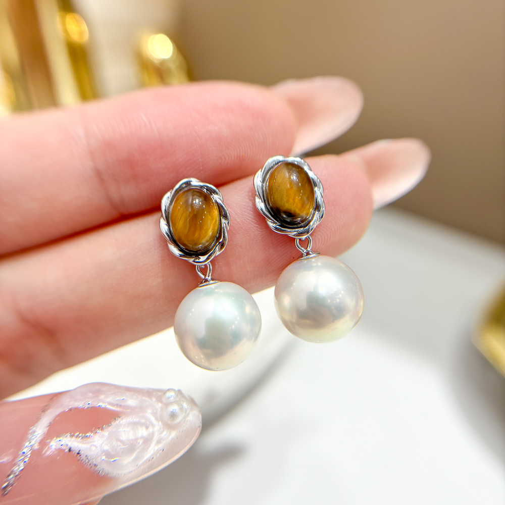 DIY珍珠耳钉配件 S925纯银饰品 试试欧珀耳钉女空托 配9-13mm圆珠