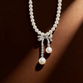 DIY珍珠小配件 9mm圆珠 配7 S925纯银饰品 双珠蝴蝶结吊坠扣空托