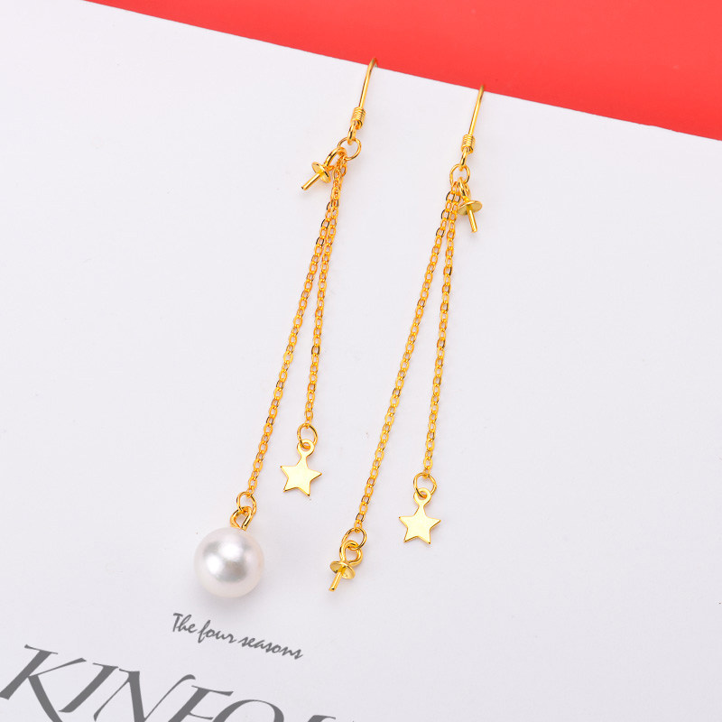 DIY珍珠耳钉配件 S925纯银饰品 星星双珠耳钩女空托 配6-8mm圆珠