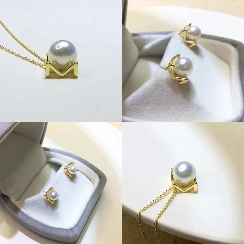 DIY珍珠配件 S925纯银饰品套装空托 字母M款吊坠耳钉成套配饰