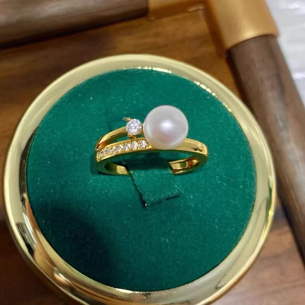 DIY珍珠小配件 S925纯银饰品 单钻金色银色戒指空托 配6-8mm圆珠