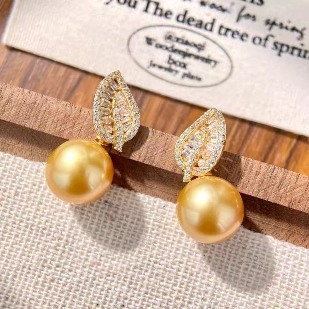 DIY珍珠耳钉配件 S925纯银饰品 满钻树叶耳钉空托 配10-13mm圆珠