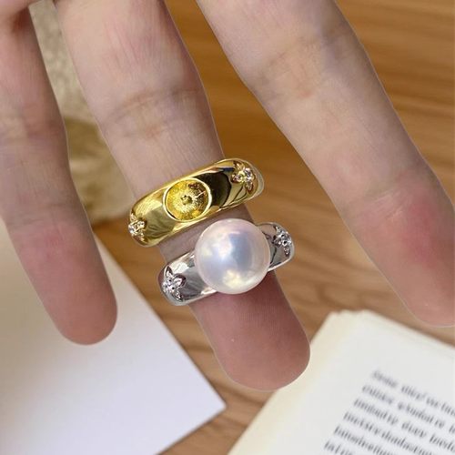 DIY珍珠小配件 S925纯银饰品 金色银色戒指空托 配10-13mm圆珠