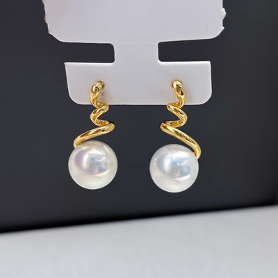 DIY珍珠配件 S925 纯银耳钉空托 金色银色厚版银饰 配10-12mm圆扁