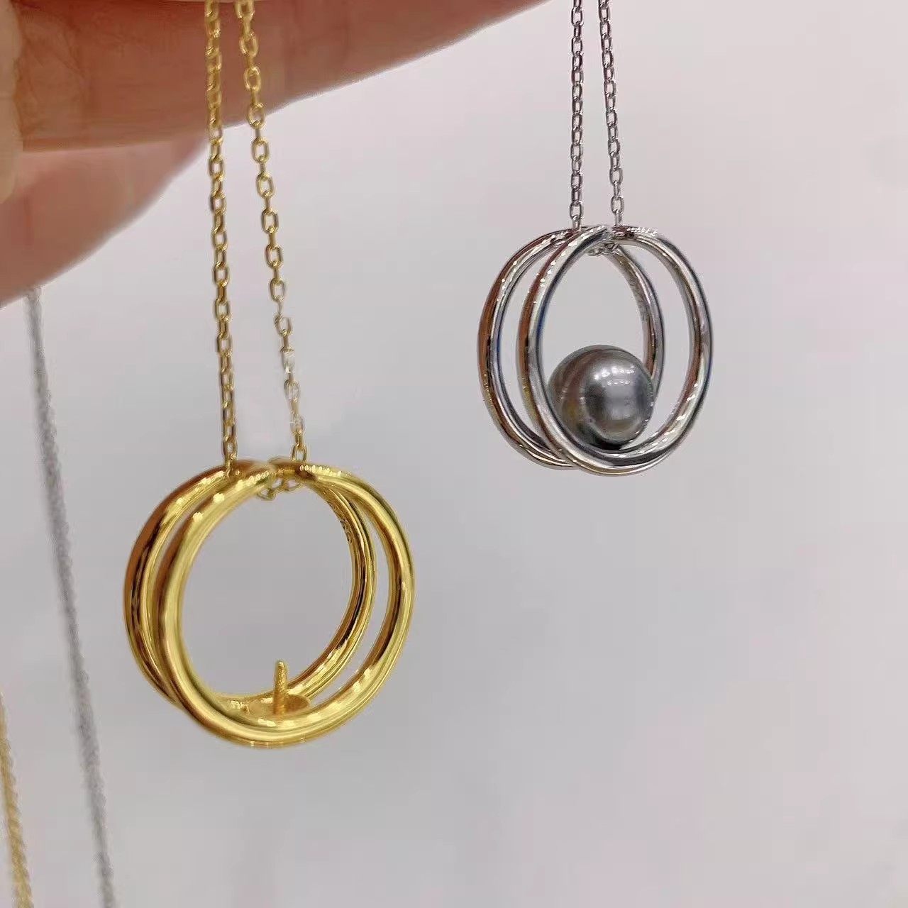 DIY珍珠小配件 S925纯银饰品 圆轮金色银色吊坠空托 配9-11mm圆珠