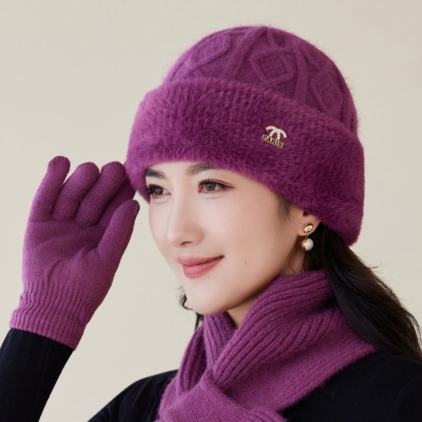 新款兔毛针织套头帽子女士妈妈护耳保暖帽户外中老年人加绒毛线帽