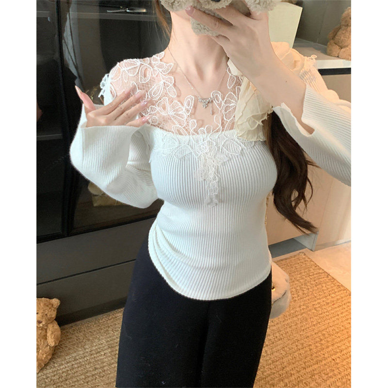 法式气质小众蕾丝拼接内搭长袖针织衫女秋冬纯欲V领修身打底上衣,女装/女士精品,毛针织衫,淘宝优惠券,粉丝福利购,淘宝优惠卷