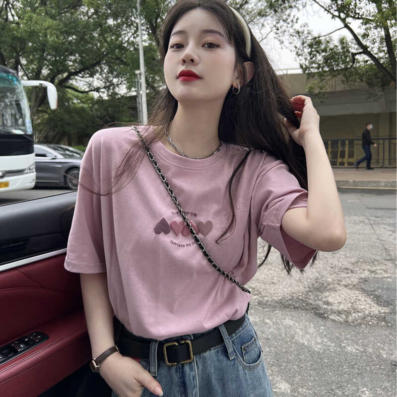 美式复古圆领浅紫色爱心印花短袖正肩t恤女夏季新款纯棉宽松上衣