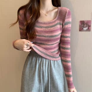秋冬新款 别致高腰显瘦辣妹紧身上衣 方领条纹针织打底衫 女内搭长袖