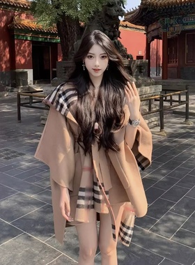 nss斗篷外套女 慵懒风格纹连帽双面呢大衣秋冬新款设计感披肩上衣