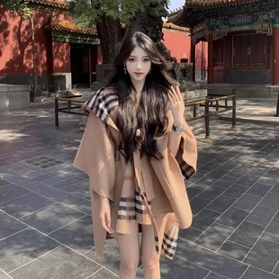 设计感披肩上衣 纹连帽双面呢大衣秋冬新款 nss斗篷外套女 慵懒风格