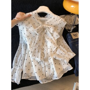 法式荷叶边波点雪纺衬衫女夏季高级感防晒衫洋气绑带宽松长袖上衣