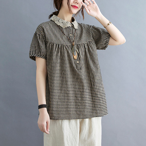 RY1517#夏新款胖妹妹棉麻格子大码娃娃领显瘦百搭短袖