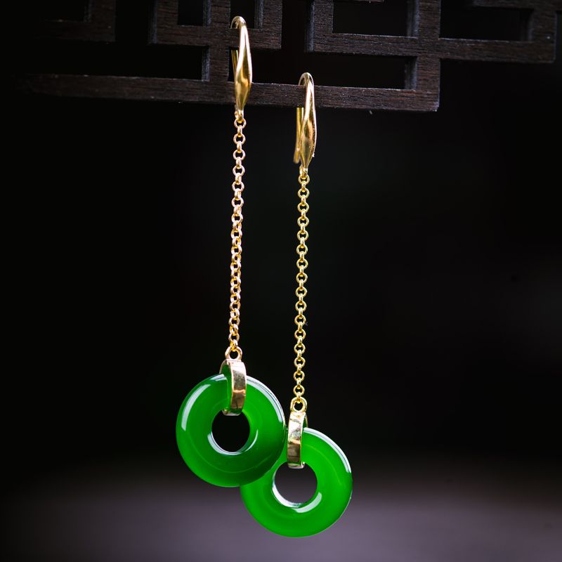 天然和田碧玉平安扣耳坠s925纯银镶嵌老坑菠菜绿长款气质简约耳环