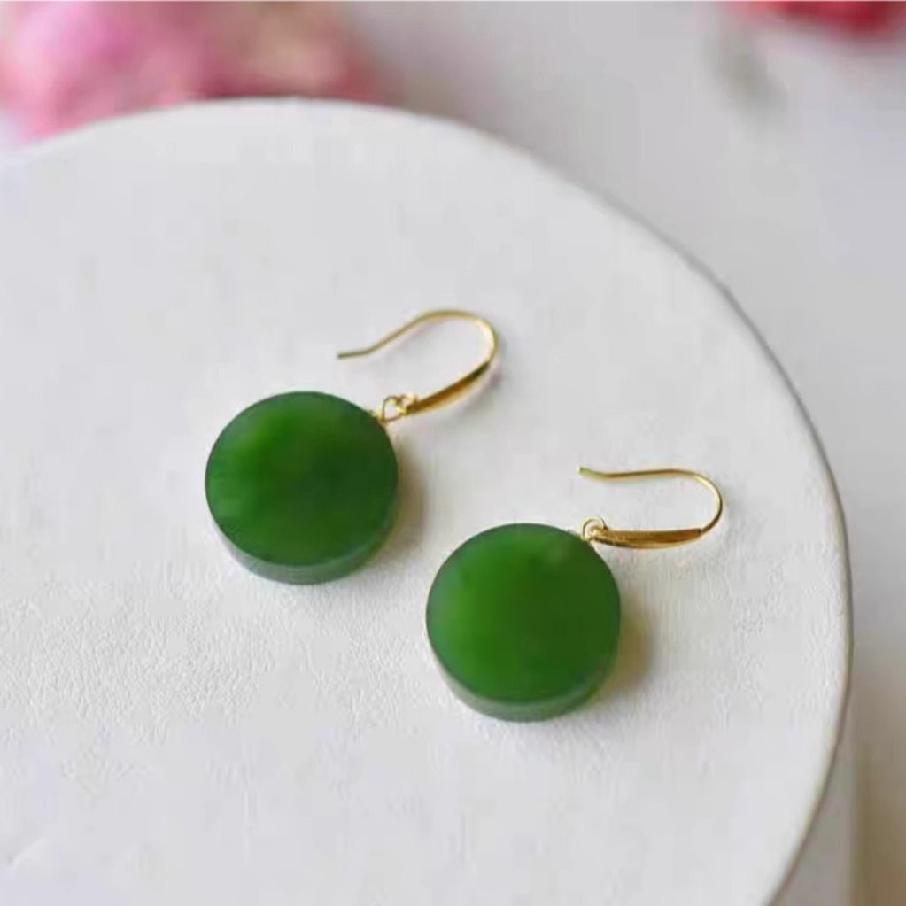 2025新款天然和田碧玉新中式耳坠18k金国风气质耳环女玉石绿耳饰